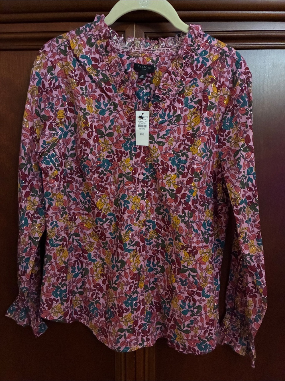 Talbots Pink Multicolor Floral Ruffle-Neck Long Sleeve Blouse